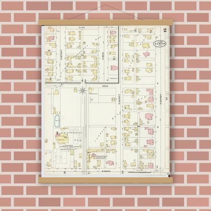 Old map wall art mockup — magnetic wood frame on brick wall — Sanborn Fire Insurance Map from Kenton, Hardin County, Ohio (1897), Sheet #0002