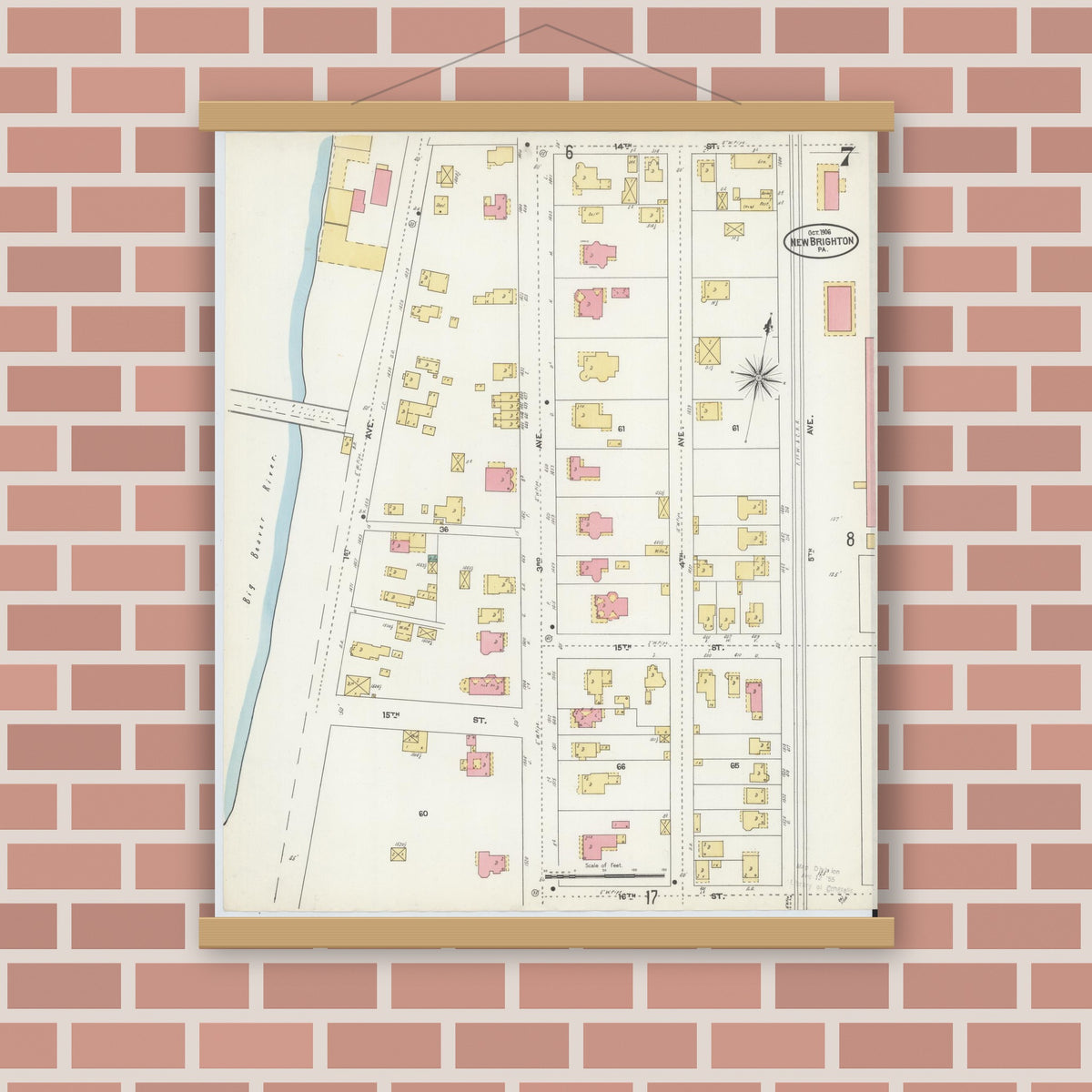 Old map wall art mockup — magnetic wood frame on brick wall — Sanborn Fire Insurance Map from New Brighton, Beaver County, Pennsylvania (1906), Sheet #0007