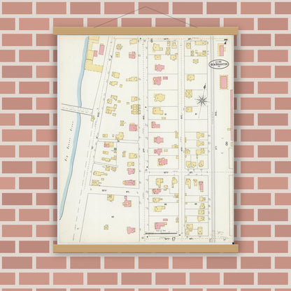 Old map wall art mockup — magnetic wood frame on brick wall — Sanborn Fire Insurance Map from New Brighton, Beaver County, Pennsylvania (1906), Sheet #0007