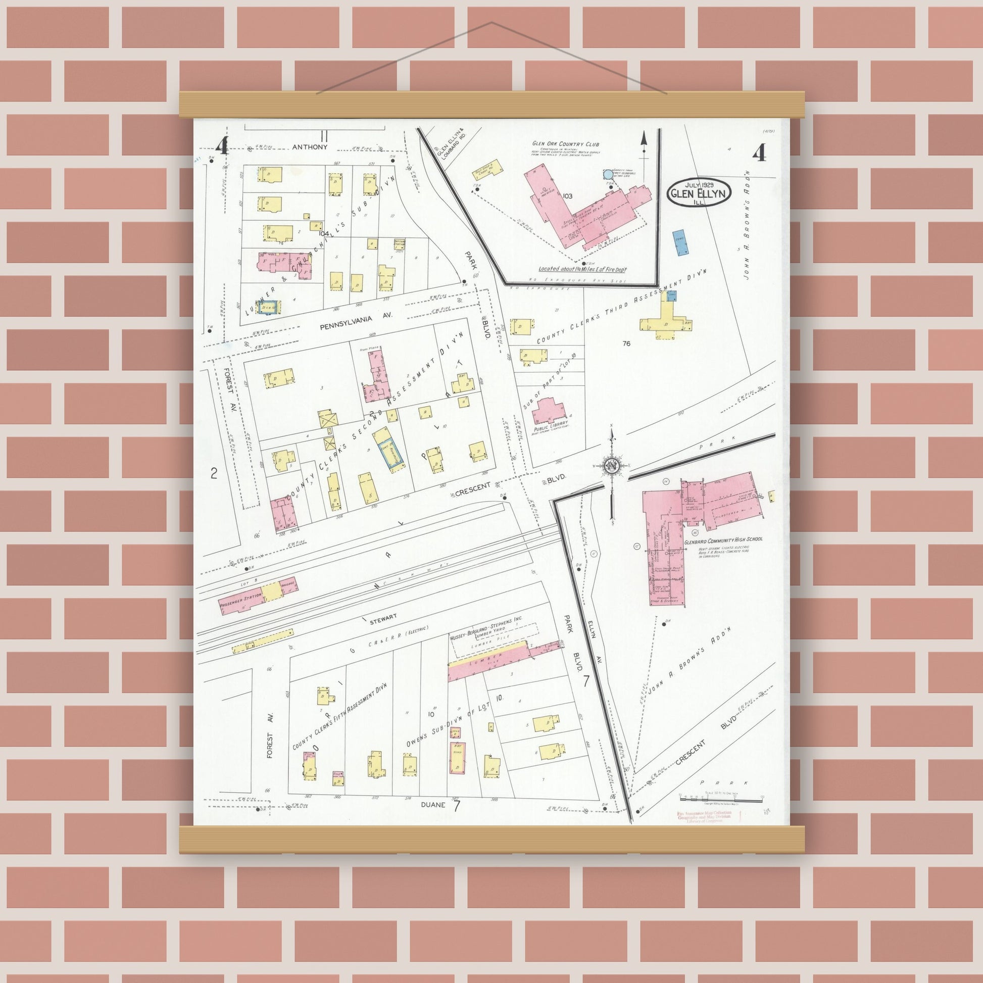 Old map wall art mockup — magnetic wood frame on brick wall — Sanborn Fire Insurance Map from Glen Ellyn, Du Page County, Illinois (1929), Sheet #0004
