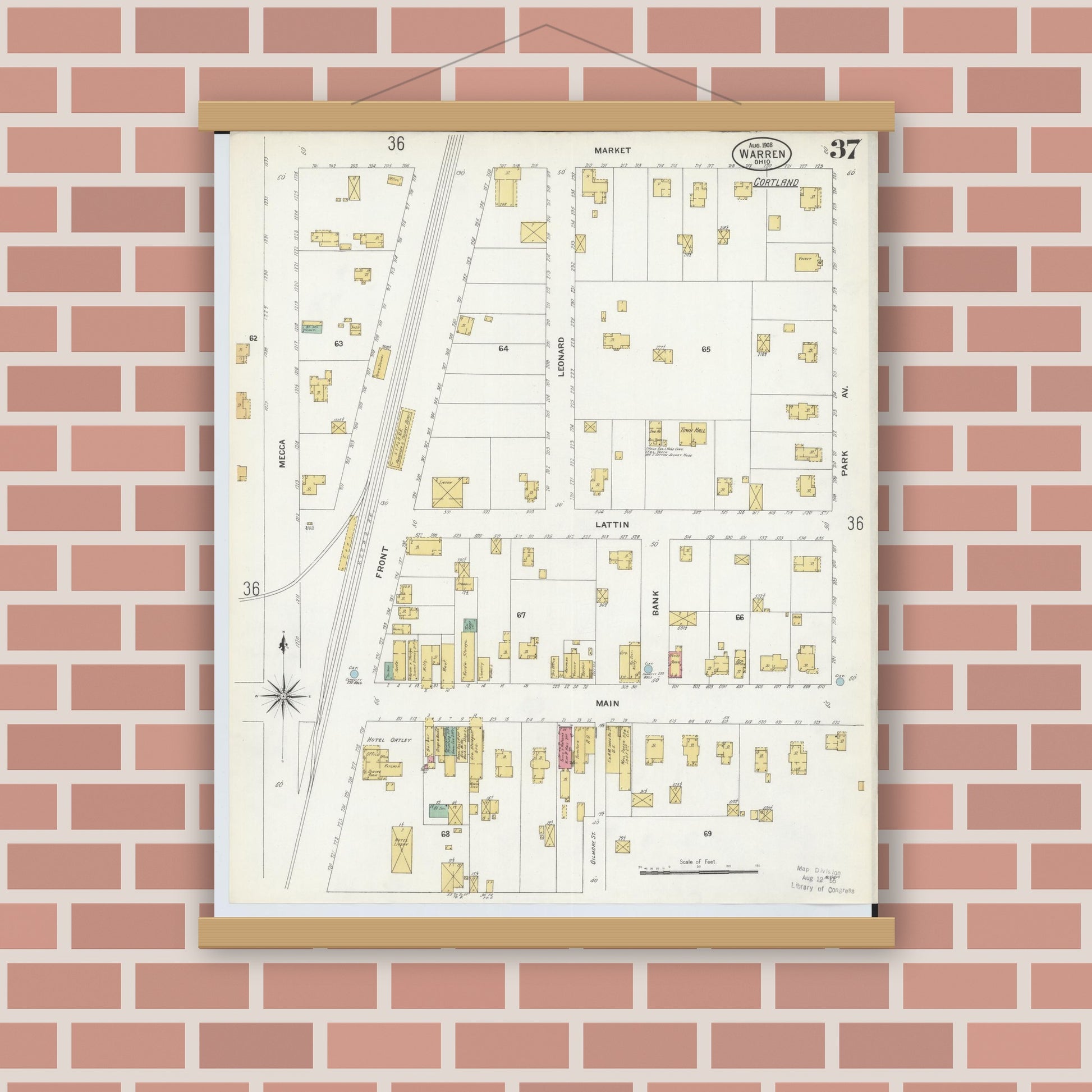 Old map wall art mockup — magnetic wood frame on brick wall — Sanborn Fire Insurance Map from Warren, Trumbull County, Ohio (1908), Sheet #0037