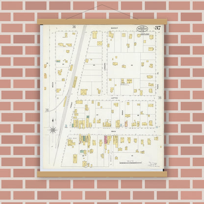 Old map wall art mockup — magnetic wood frame on brick wall — Sanborn Fire Insurance Map from Warren, Trumbull County, Ohio (1908), Sheet #0037