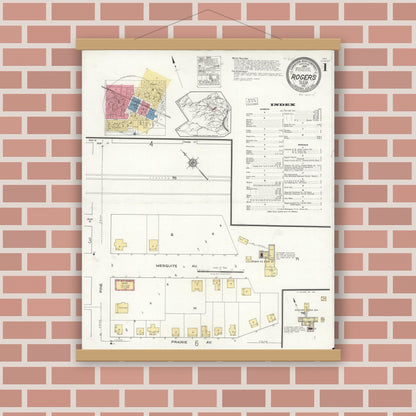 Old map wall art mockup — magnetic wood frame on brick wall — Sanborn Fire Insurance Map from Rogers, Bell County, Texas (1921), Sheet #0001