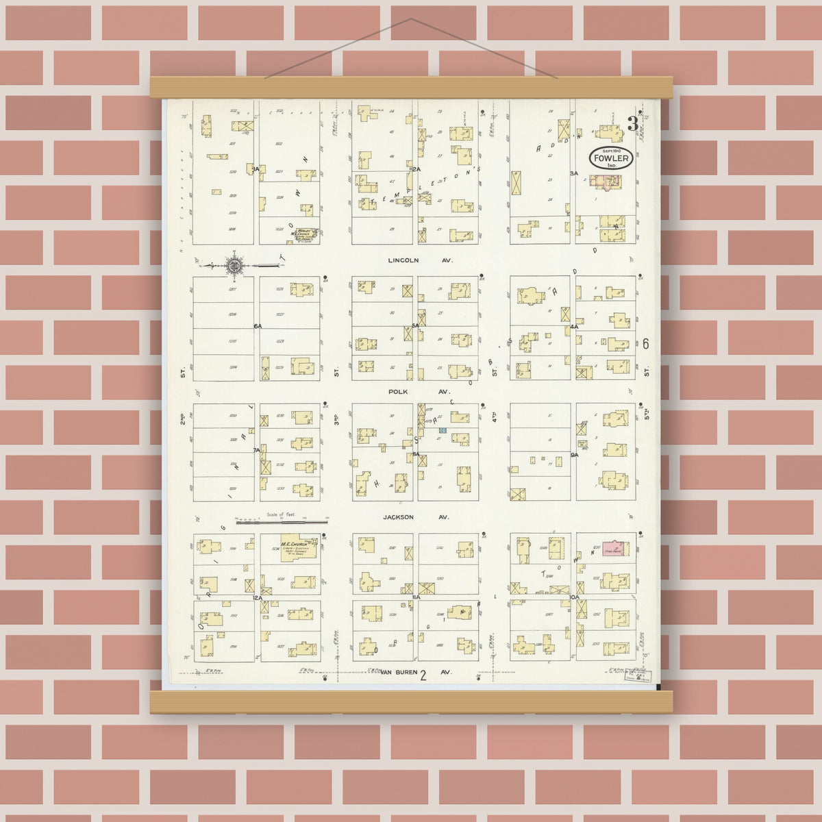 Old map wall art mockup — magnetic wood frame on brick wall — Sanborn Fire Insurance Map from Fowler, Benton County, Indiana (1910), Sheet #0003