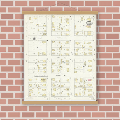 Old map wall art mockup — magnetic wood frame on brick wall — Sanborn Fire Insurance Map from Fowler, Benton County, Indiana (1910), Sheet #0003