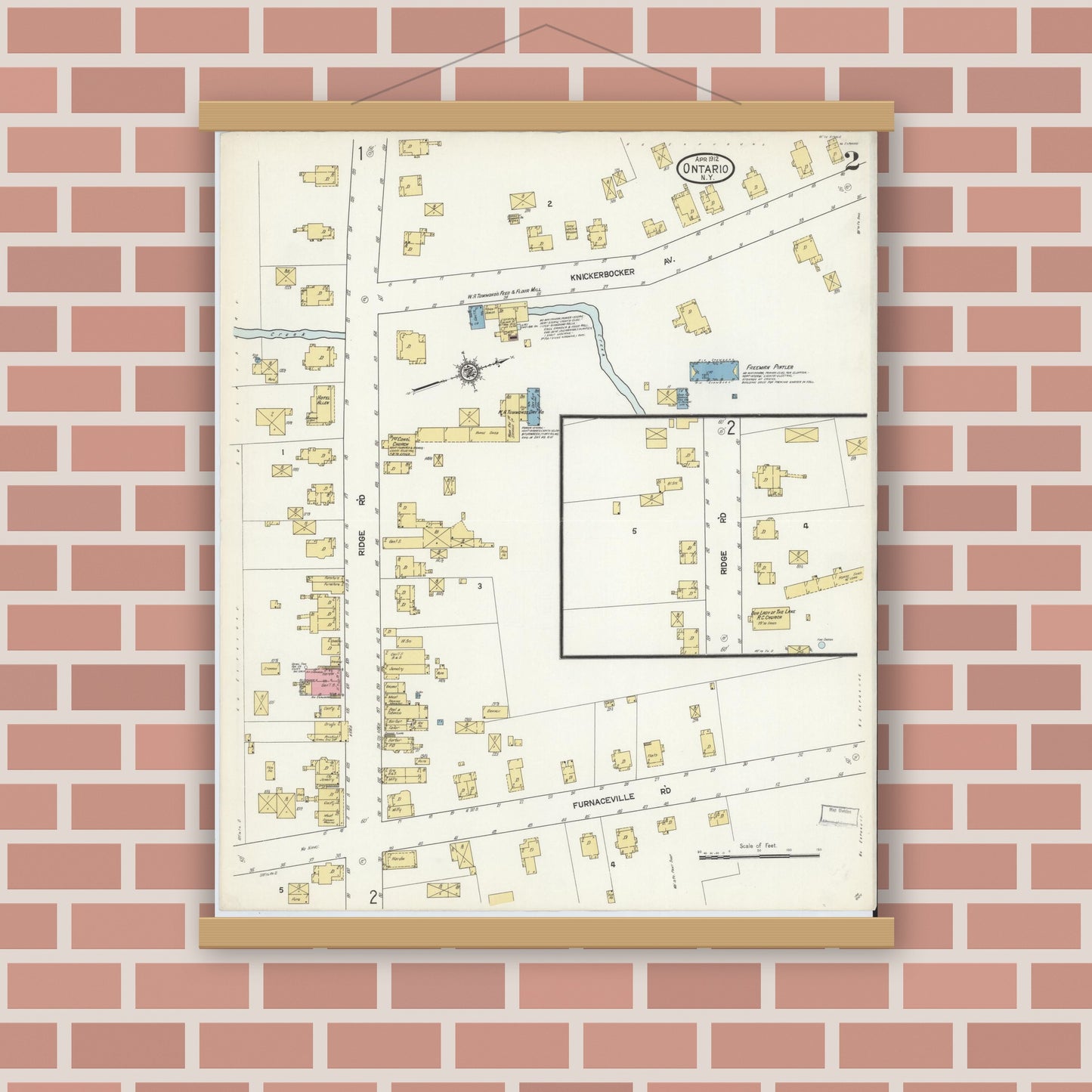 Old map wall art mockup — magnetic wood frame on brick wall — Sanborn Fire Insurance Map from Ontario, Wayne County, New York (1912), Sheet #0002