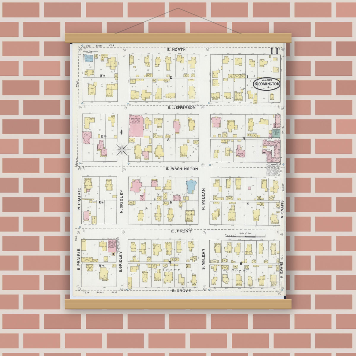 Old map wall art mockup — magnetic wood frame on brick wall — Sanborn Fire Insurance Map from Bloomington, McLean County, Illinois (1892), Sheet #0011