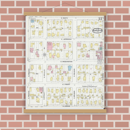 Old map wall art mockup — magnetic wood frame on brick wall — Sanborn Fire Insurance Map from Bloomington, McLean County, Illinois (1892), Sheet #0011
