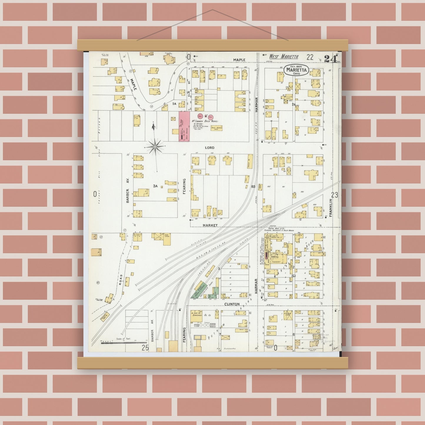 Old map wall art mockup — magnetic wood frame on brick wall — Sanborn Fire Insurance Map from Marietta, Washington County, Ohio (1900), Sheet #0024