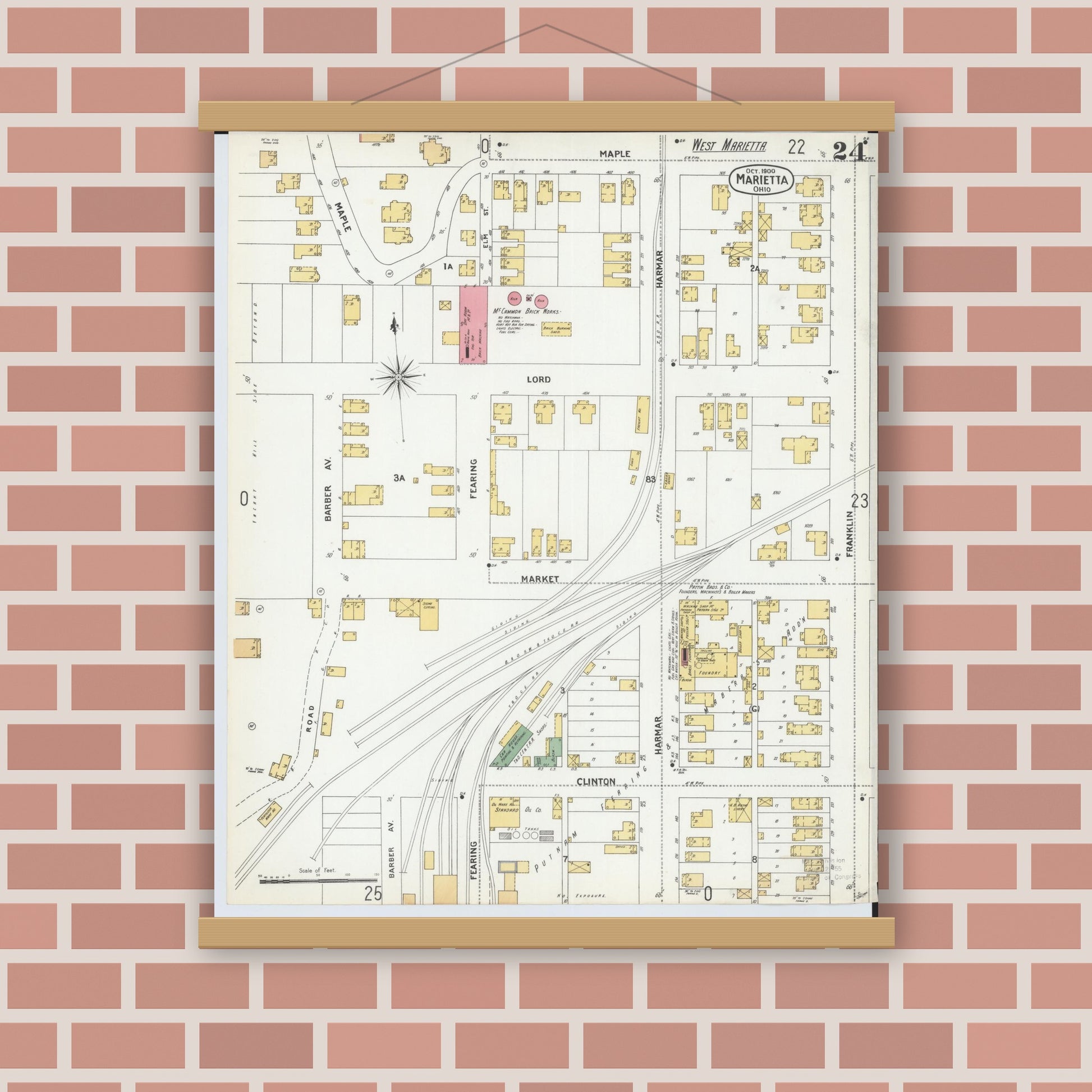 Old map wall art mockup — magnetic wood frame on brick wall — Sanborn Fire Insurance Map from Marietta, Washington County, Ohio (1900), Sheet #0024