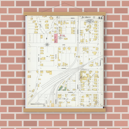 Old map wall art mockup — magnetic wood frame on brick wall — Sanborn Fire Insurance Map from Marietta, Washington County, Ohio (1900), Sheet #0024