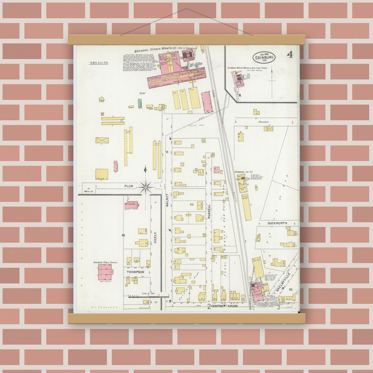 Old map wall art mockup — magnetic wood frame on brick wall — Sanborn Fire Insurance Map from Edinburg, Johnson And Bartholomew Counties, Indiana (1899), Sheet #0004