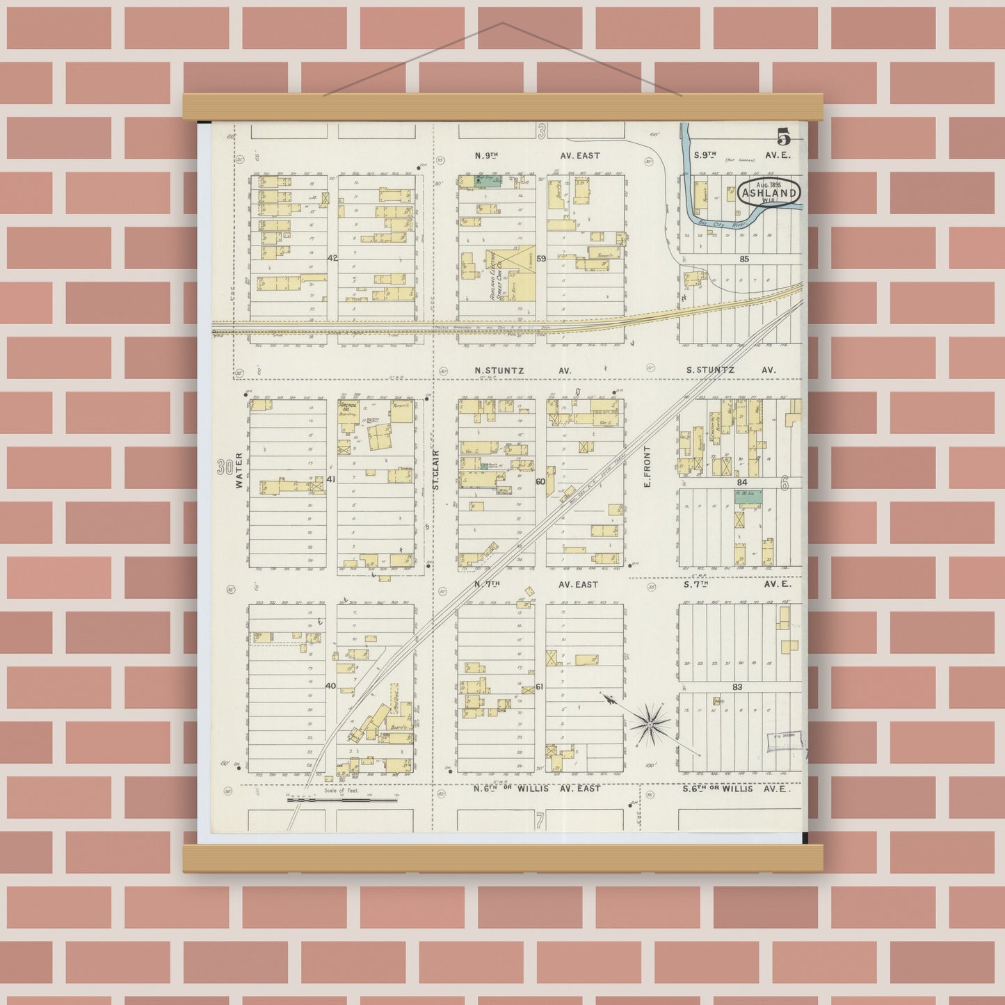 Old map wall art mockup — magnetic wood frame on brick wall — Sanborn Fire Insurance Map from Ashland, Ashland County, Wisconsin (1895), Sheet #0005