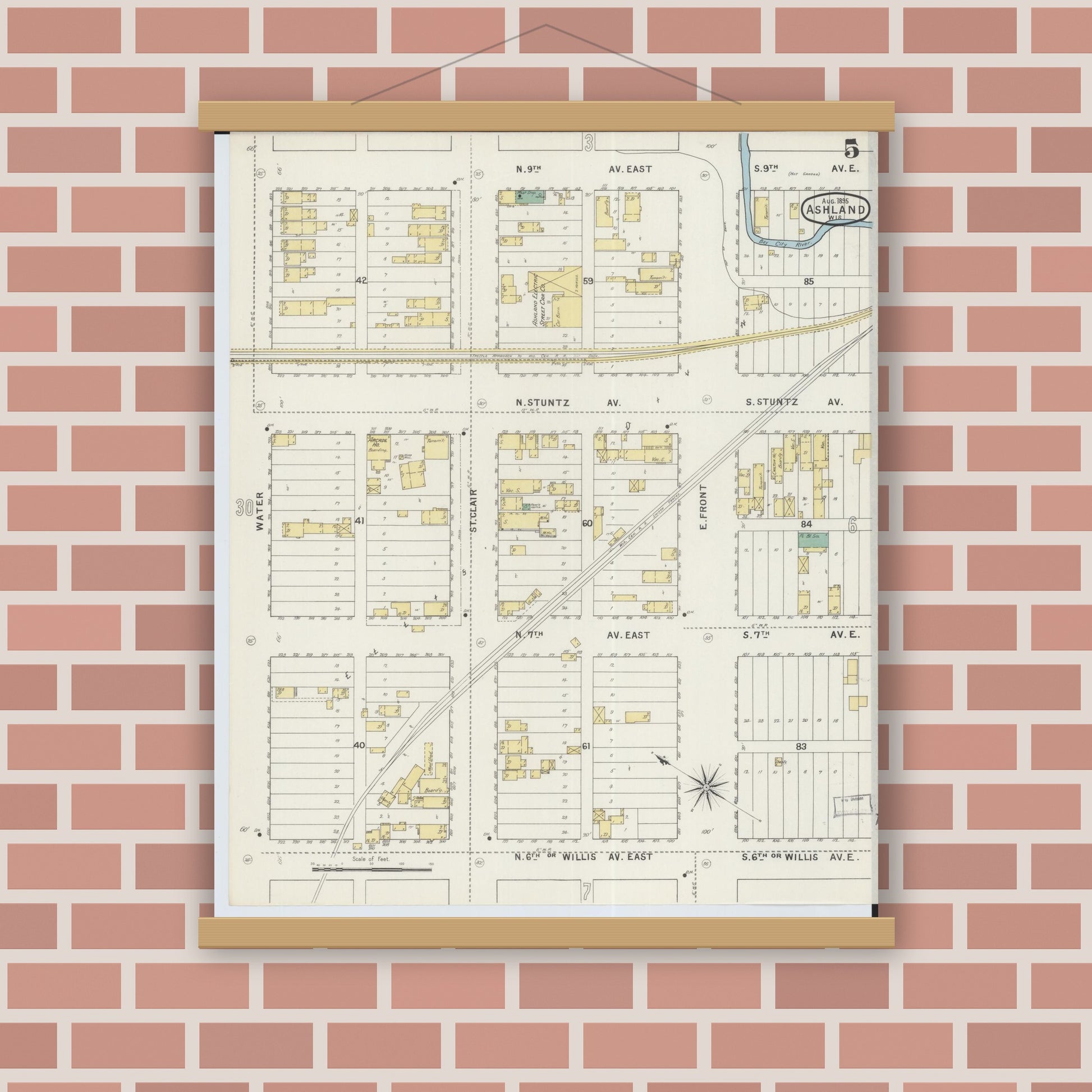 Old map wall art mockup — magnetic wood frame on brick wall — Sanborn Fire Insurance Map from Ashland, Ashland County, Wisconsin (1895), Sheet #0005