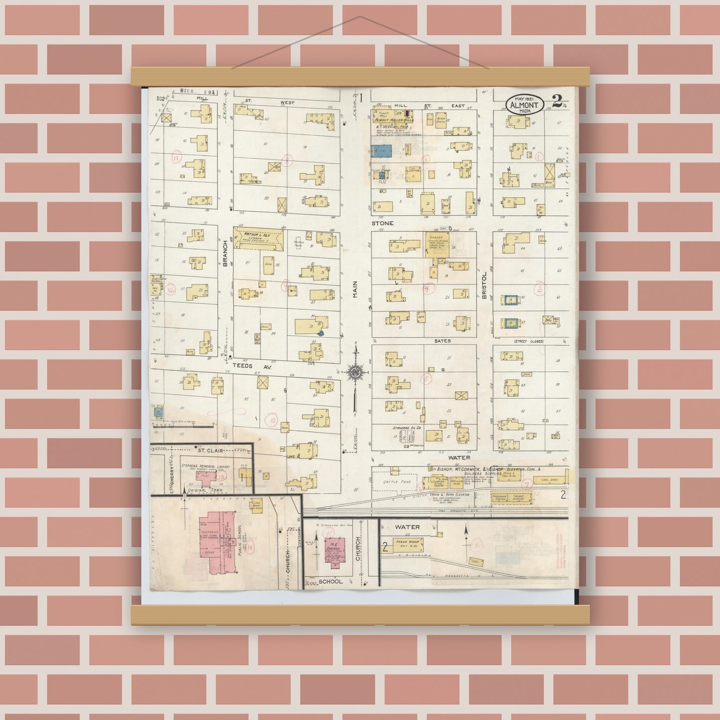 Old map wall art mockup — magnetic wood frame on brick wall — Sanborn Fire Insurance Map from Almont, Lapeer County, Michigan (1929), Sheet #0002