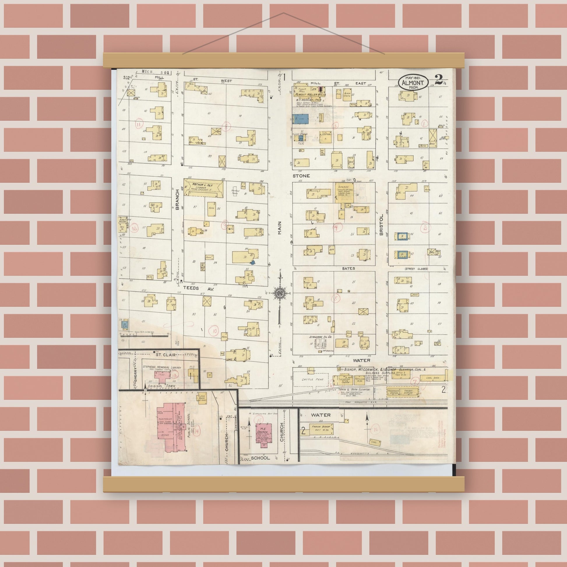 Old map wall art mockup — magnetic wood frame on brick wall — Sanborn Fire Insurance Map from Almont, Lapeer County, Michigan (1929), Sheet #0002