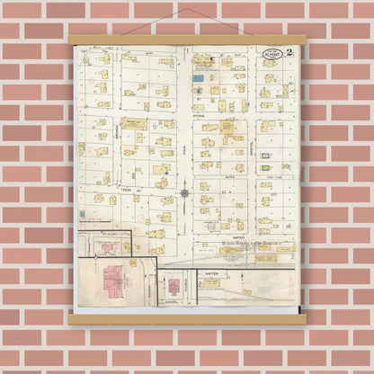 Old map wall art mockup — magnetic wood frame on brick wall — Sanborn Fire Insurance Map from Almont, Lapeer County, Michigan (1929), Sheet #0002
