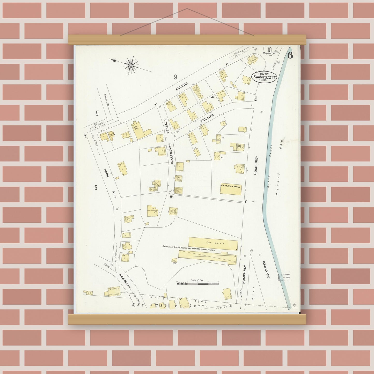 Old map wall art mockup — magnetic wood frame on brick wall — Sanborn Fire Insurance Map from Swampscott, Essex County, Massachusetts (1907), Sheet #0006