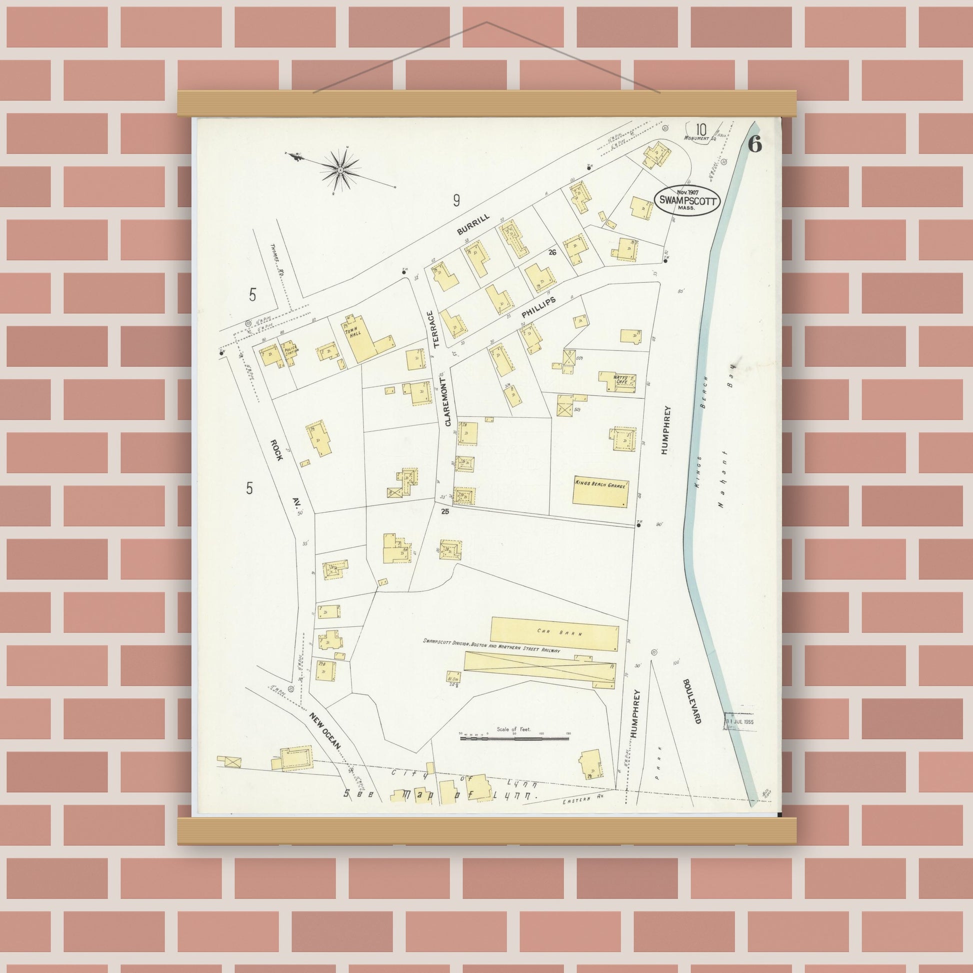 Old map wall art mockup — magnetic wood frame on brick wall — Sanborn Fire Insurance Map from Swampscott, Essex County, Massachusetts (1907), Sheet #0006