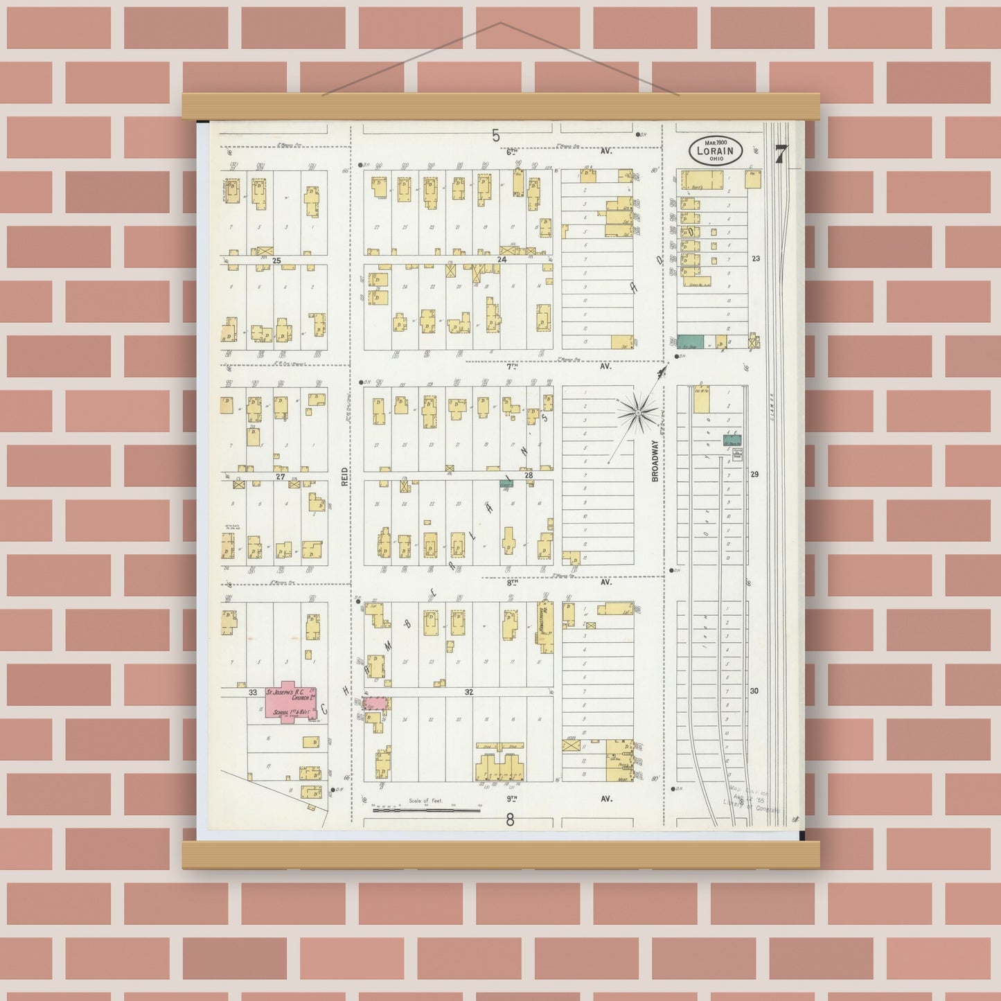 Old map wall art mockup — magnetic wood frame on brick wall — Sanborn Fire Insurance Map from Lorain, Lorain County, Ohio (1900), Sheet #0007