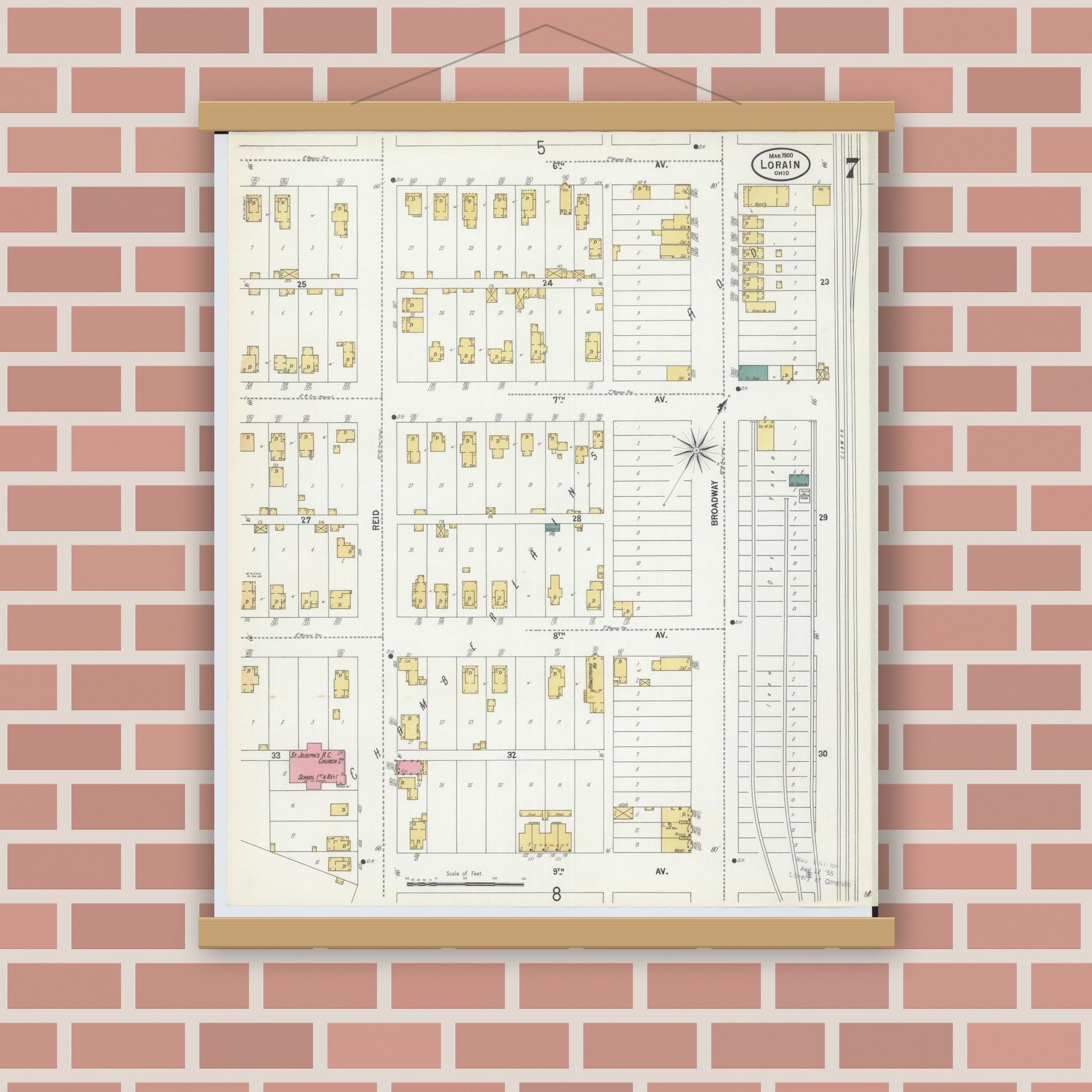 Old map wall art mockup — magnetic wood frame on brick wall — Sanborn Fire Insurance Map from Lorain, Lorain County, Ohio (1900), Sheet #0007