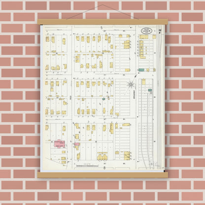 Old map wall art mockup — magnetic wood frame on brick wall — Sanborn Fire Insurance Map from Lorain, Lorain County, Ohio (1900), Sheet #0007