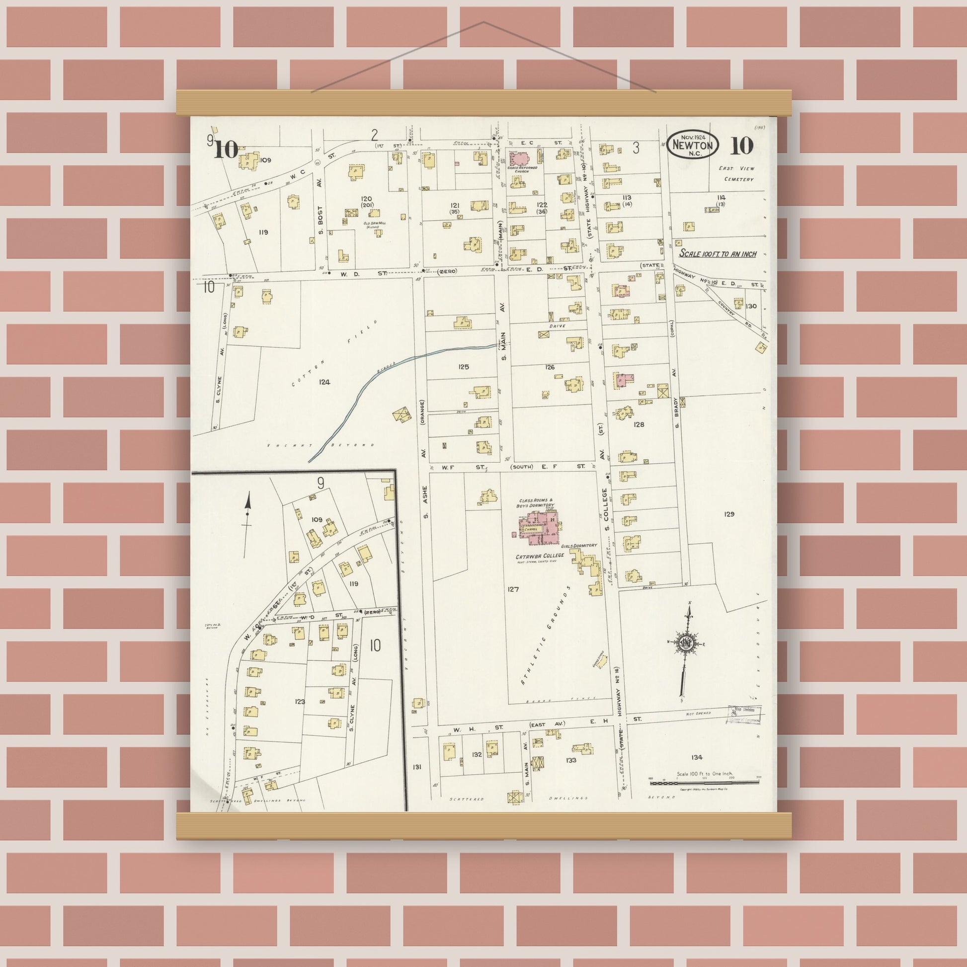 Old map wall art mockup — magnetic wood frame on brick wall — Sanborn Fire Insurance Map from Newton, Catawba County, North Carolina (1924), Sheet #0010