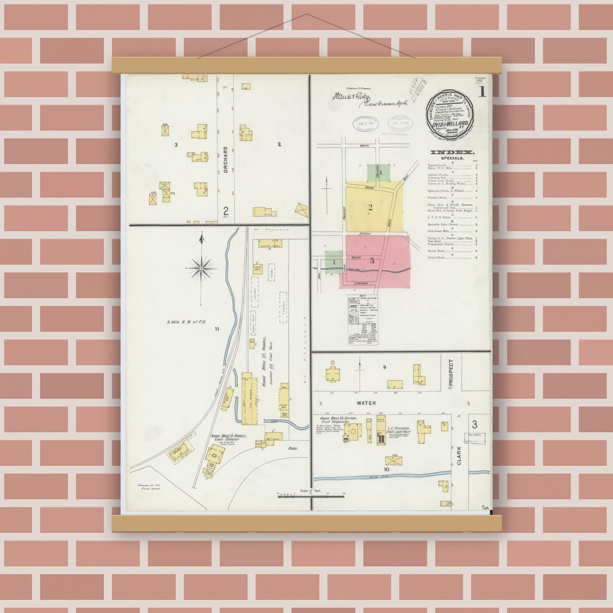 Old map wall art mockup — magnetic wood frame on brick wall — Sanborn Fire Insurance Map from Ovid, Seneca County, New York (1898), Sheet #0001