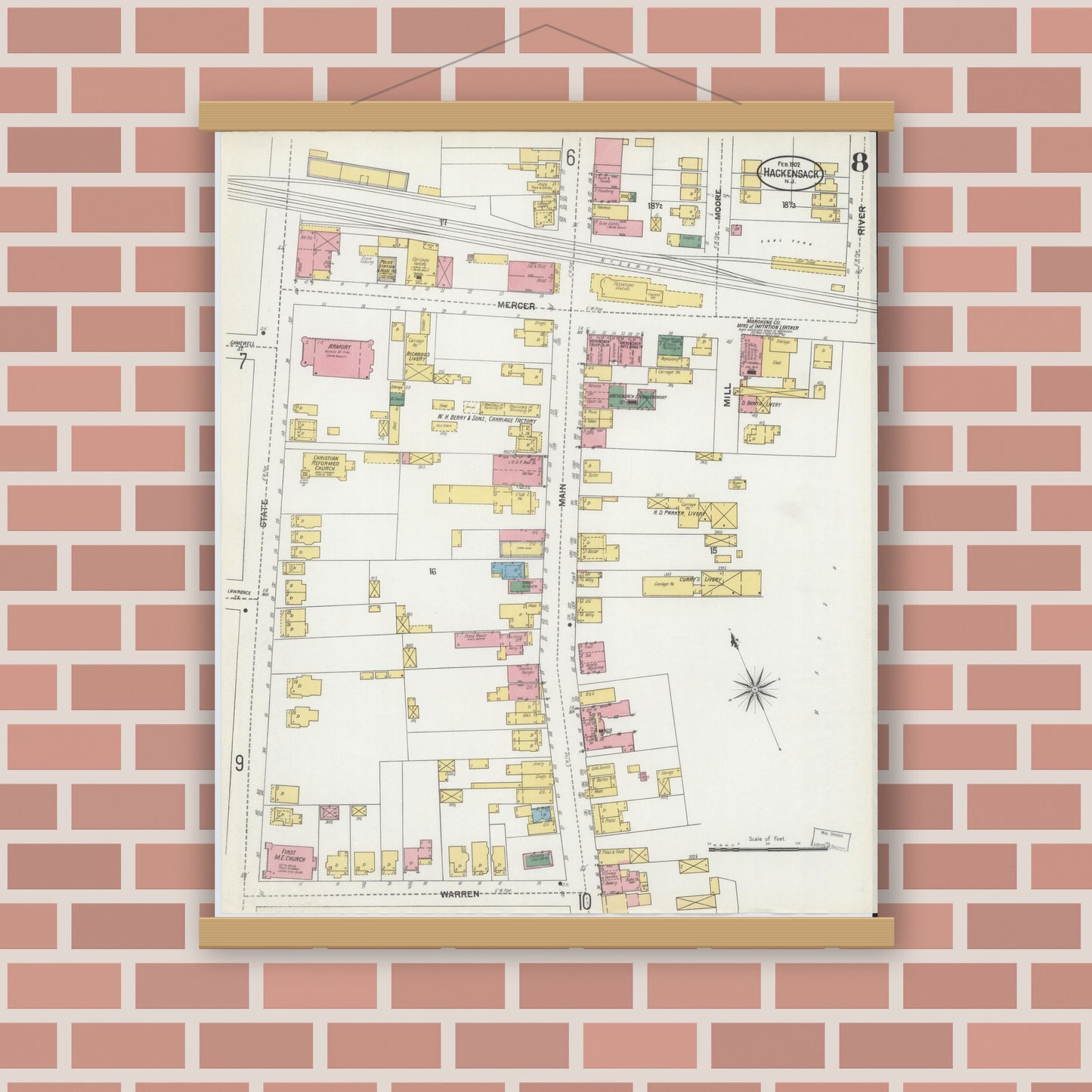 Old map wall art mockup — magnetic wood frame on brick wall — Sanborn Fire Insurance Map from Hackensack, Bergen County, New Jersey (1902), Sheet #0008
