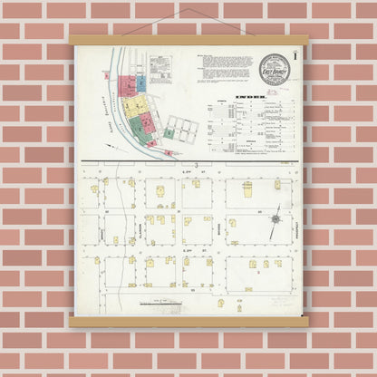 Old map wall art mockup — magnetic wood frame on brick wall — Sanborn Fire Insurance Map from East Brady, Clarion County, Pennsylvania (1910), Sheet #0001