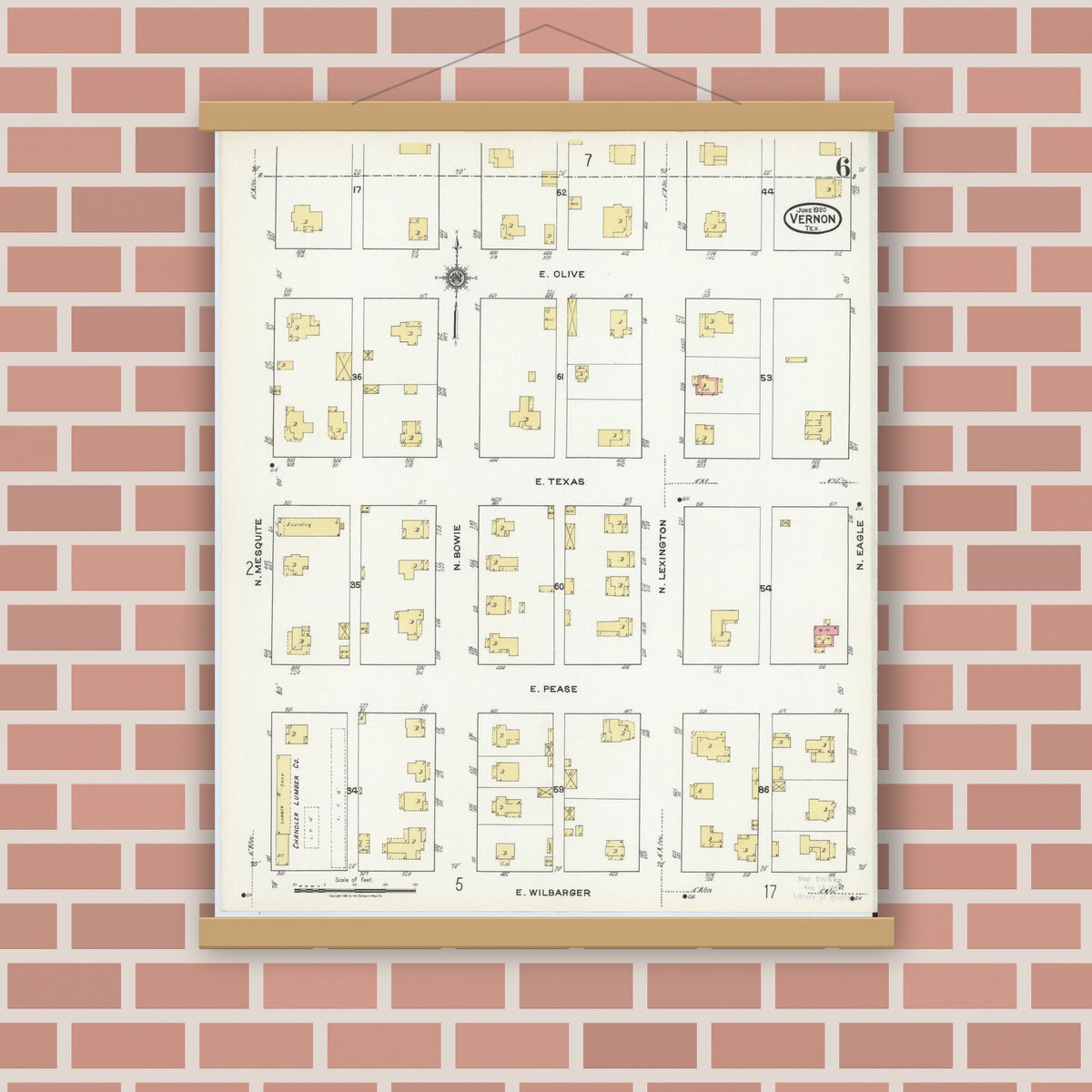 Old map wall art mockup — magnetic wood frame on brick wall — Sanborn Fire Insurance Map from Vernon, Wilbarger County, Texas (1920), Sheet #0006