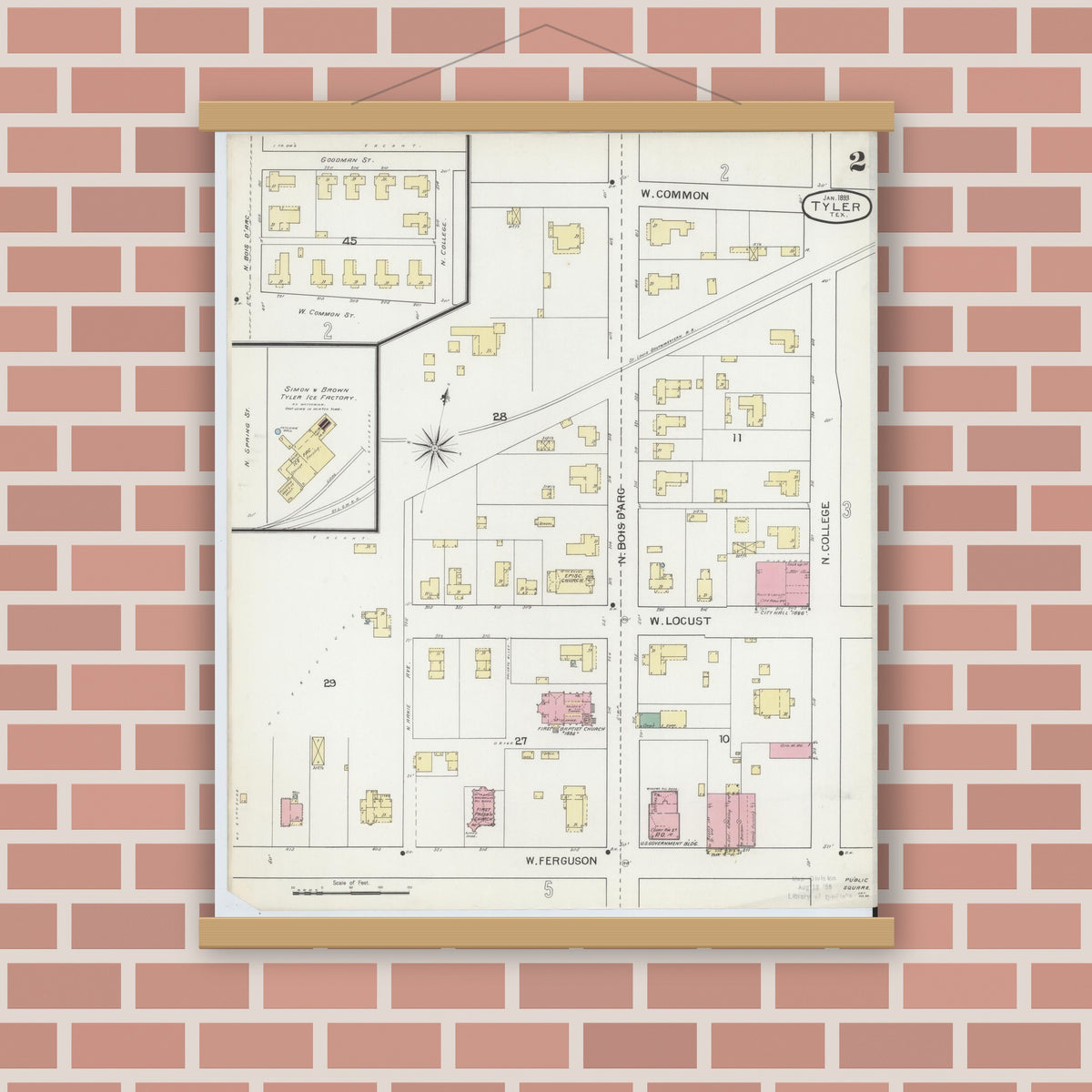Old map wall art mockup — magnetic wood frame on brick wall — Sanborn Fire Insurance Map from Tyler, Smith County, Texas (1893), Sheet #0002