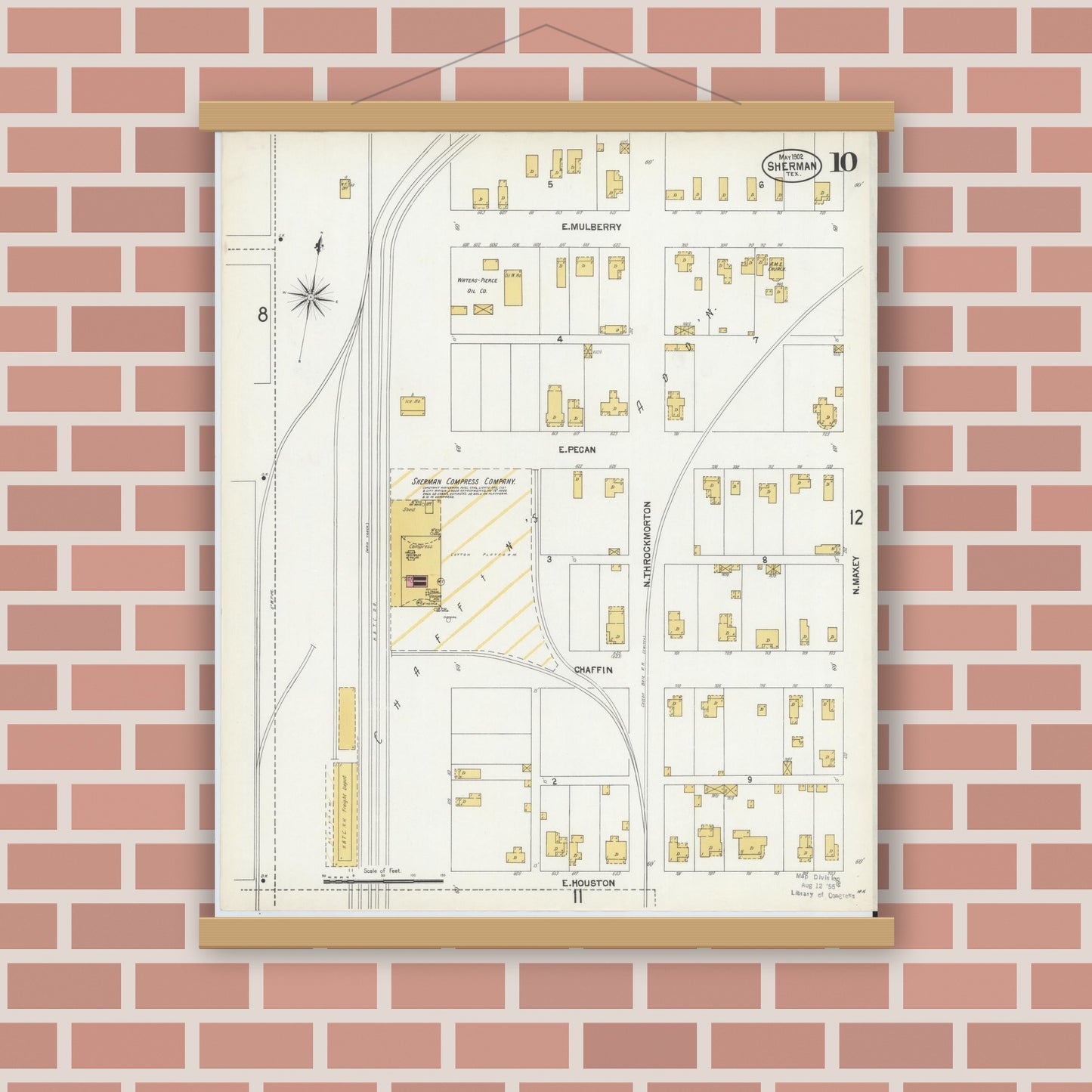 Old map wall art mockup — magnetic wood frame on brick wall — Sanborn Fire Insurance Map from Sherman, Grayson County, Texas (1902), Sheet #0010