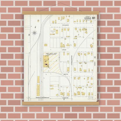 Old map wall art mockup — magnetic wood frame on brick wall — Sanborn Fire Insurance Map from Sherman, Grayson County, Texas (1902), Sheet #0010