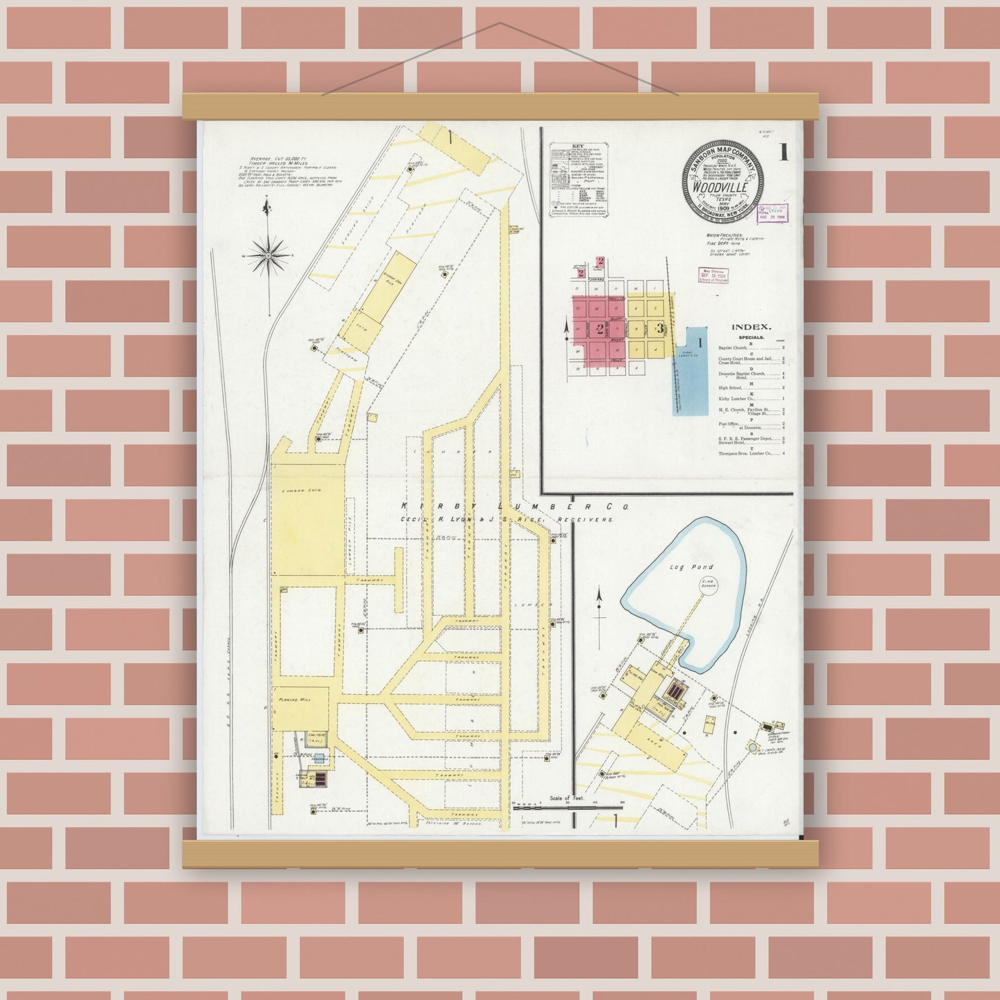 Old map wall art mockup — magnetic wood frame on brick wall — Sanborn Fire Insurance Map from Woodville, Tyler County, Texas (1909) - Complete Map Set