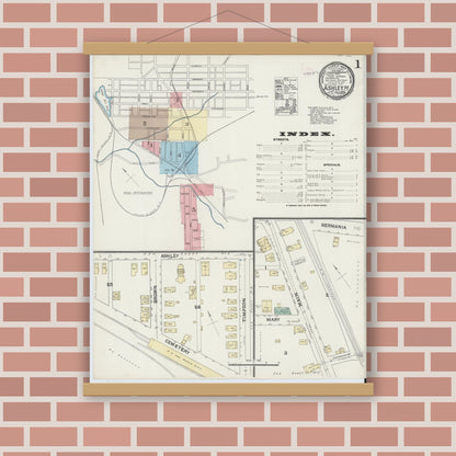 Old map wall art mockup — magnetic wood frame on brick wall — Sanborn Fire Insurance Map from Ashley, Luzerne County, Pennsylvania (1891), Sheet #0001