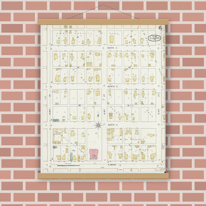 Old map wall art mockup — magnetic wood frame on brick wall — Sanborn Fire Insurance Map from Elwood, Madison County, Indiana (1895), Sheet #0006