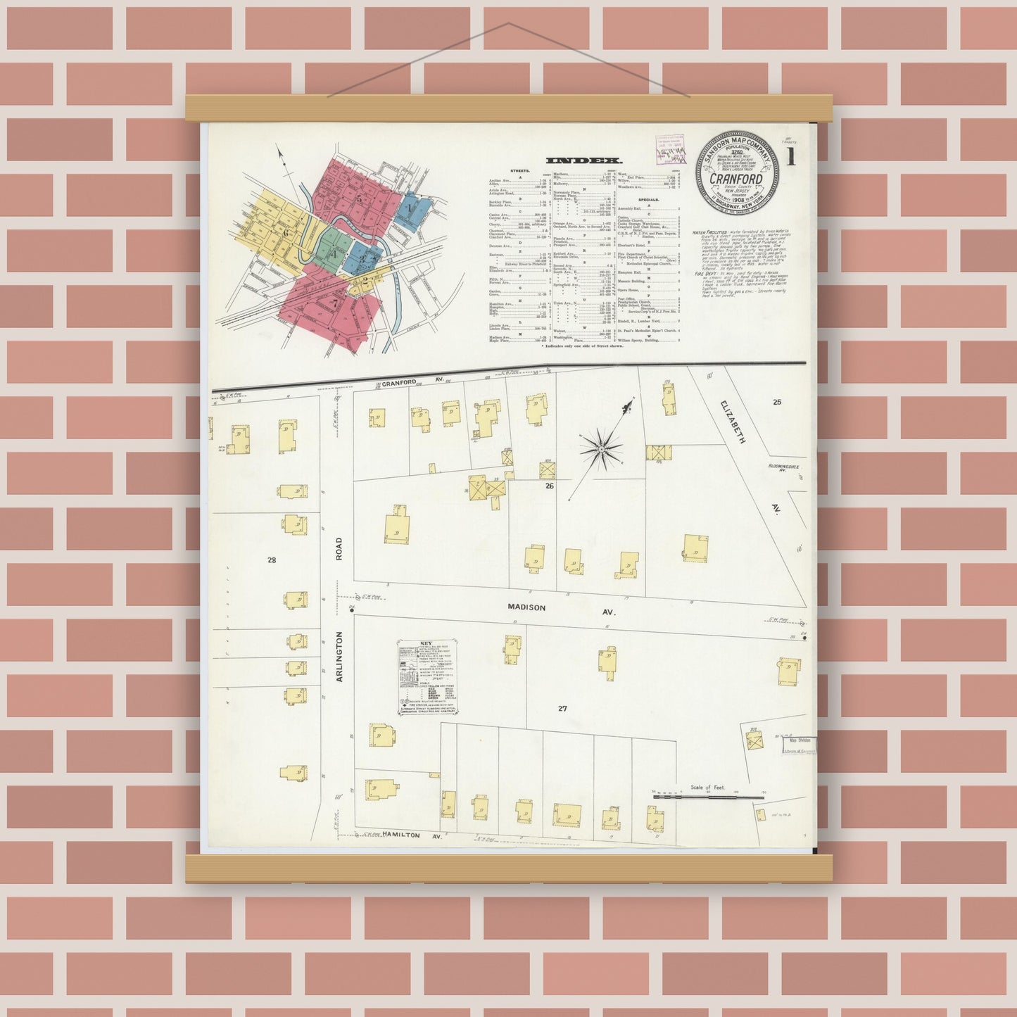 Old map wall art mockup — magnetic wood frame on brick wall — Sanborn Fire Insurance Map from Cranford, Union County, New Jersey (1908), Sheet #0001