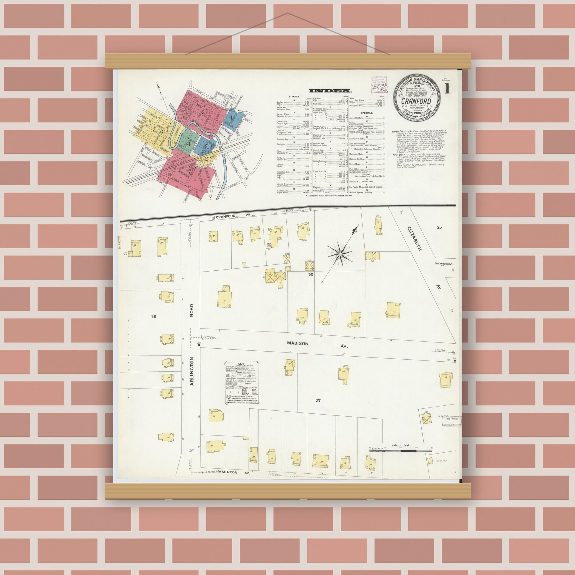 Old map wall art mockup — magnetic wood frame on brick wall — Sanborn Fire Insurance Map from Cranford, Union County, New Jersey (1908), Sheet #0001