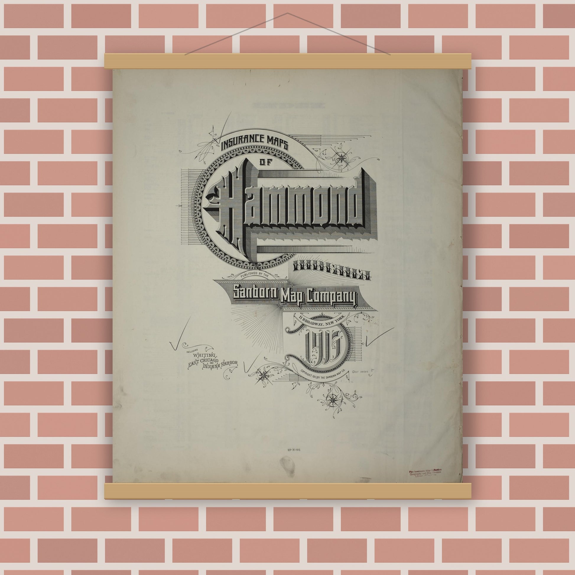 Old map wall art mockup — magnetic wood frame on brick wall — Sanborn Fire Insurance Map from Hammond, Lake County, Indiana (1915), Sheet #0001