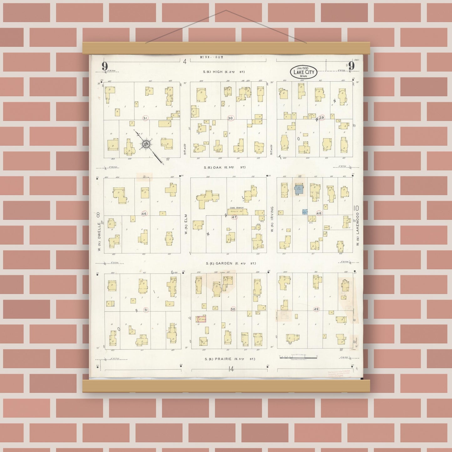 Old map wall art mockup — magnetic wood frame on brick wall — Sanborn Fire Insurance Map from Lake City, Wabasha County, Minnesota (1938), Sheet #0009