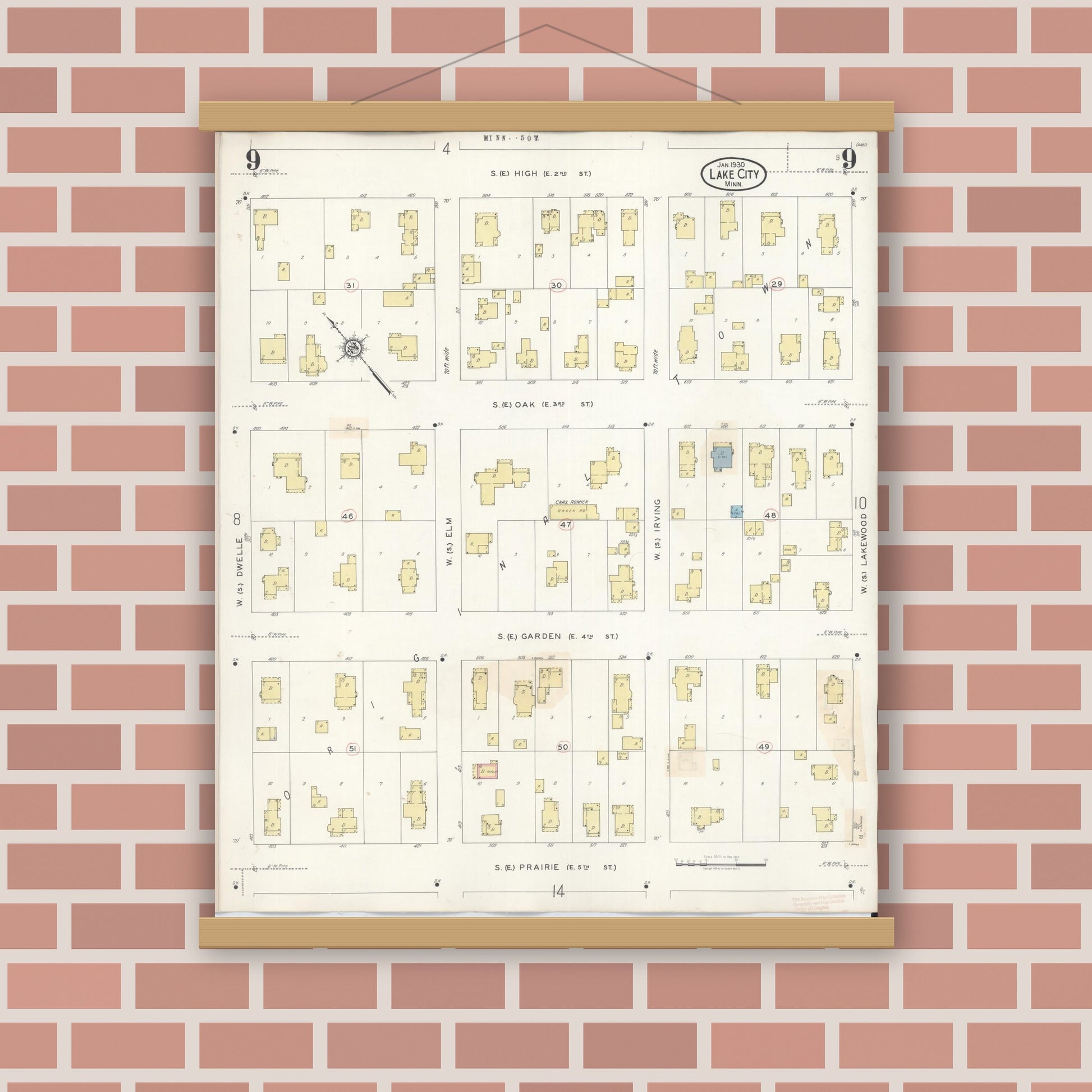 Old map wall art mockup — magnetic wood frame on brick wall — Sanborn Fire Insurance Map from Lake City, Wabasha County, Minnesota (1938), Sheet #0009