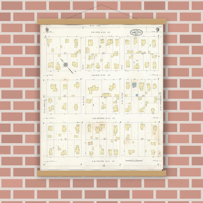 Old map wall art mockup — magnetic wood frame on brick wall — Sanborn Fire Insurance Map from Lake City, Wabasha County, Minnesota (1938), Sheet #0009