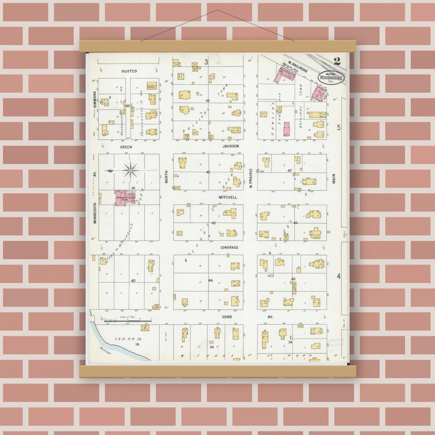 Old map wall art mockup — magnetic wood frame on brick wall — Sanborn Fire Insurance Map from Roodhouse, Greene County, Illinois (1900), Sheet #0002
