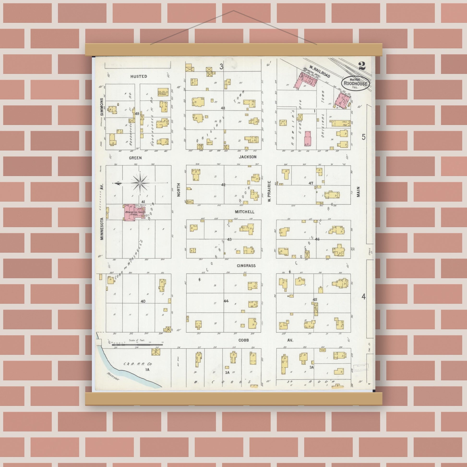 Old map wall art mockup — magnetic wood frame on brick wall — Sanborn Fire Insurance Map from Roodhouse, Greene County, Illinois (1900), Sheet #0002