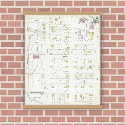 Old map wall art mockup — magnetic wood frame on brick wall — Sanborn Fire Insurance Map from Roodhouse, Greene County, Illinois (1900), Sheet #0002