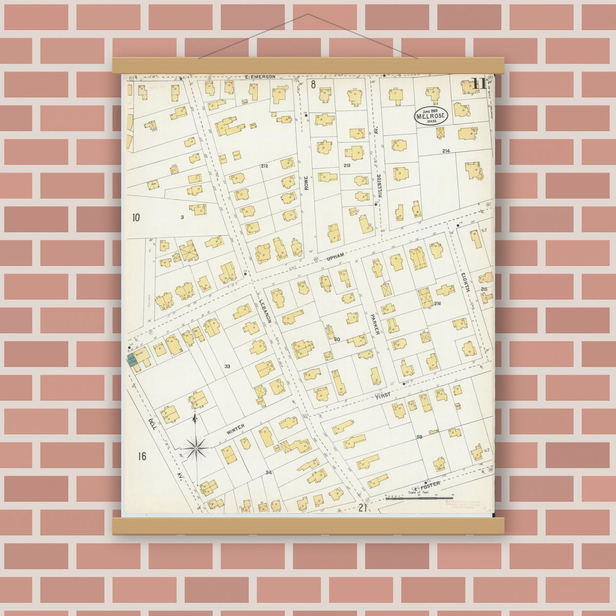Old map wall art mockup — magnetic wood frame on brick wall — Sanborn Fire Insurance Map from Melrose, Middlesex County, Massachusetts (1903), Sheet #0011