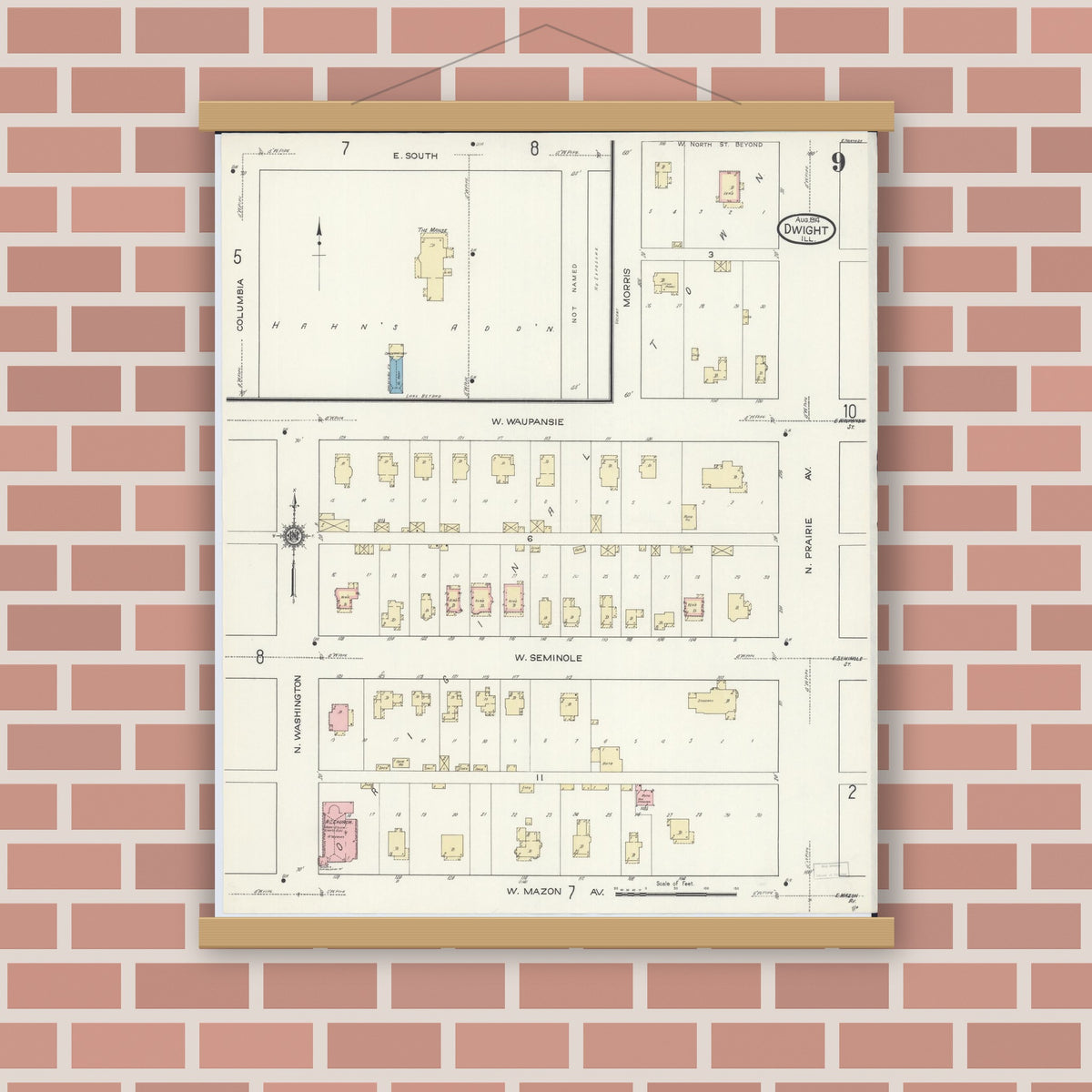 Old map wall art mockup — magnetic wood frame on brick wall — Sanborn Fire Insurance Map from Dwight, Livingston County, Illinois (1914), Sheet #0009