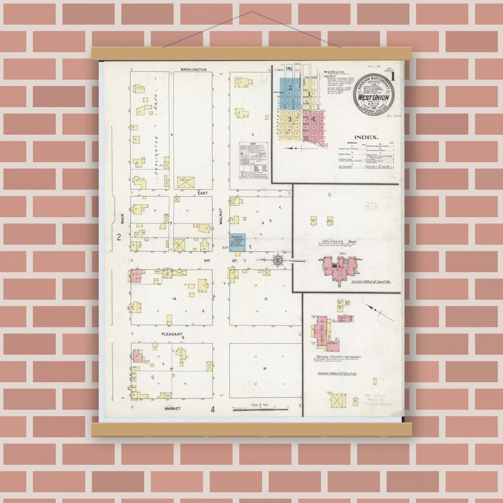 Old map wall art mockup — magnetic wood frame on brick wall — Sanborn Fire Insurance Map from West Union, Adams County, Ohio (1912) - Complete Map Set