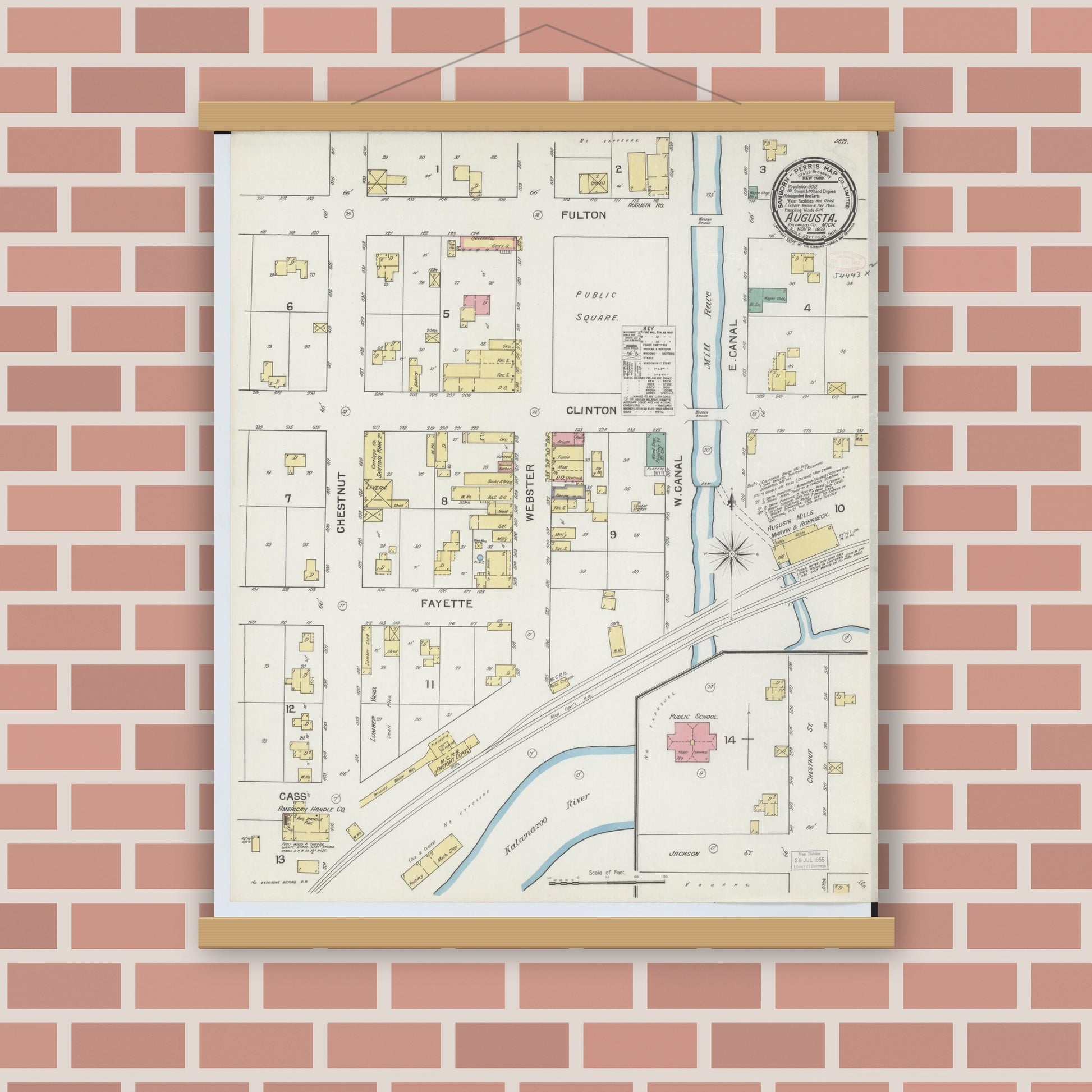 Old map wall art mockup — magnetic wood frame on brick wall — Sanborn Fire Insurance Map from Augusta, Kalamazoo County, Michigan (1892), Sheet #0001